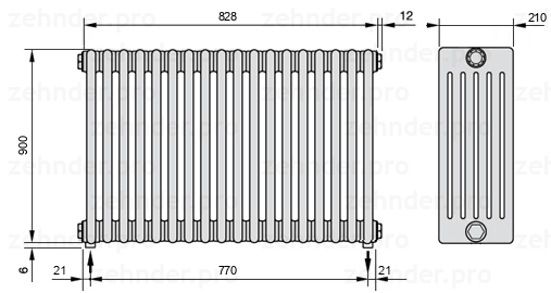 Схема (чертеж) Радиатор Zehnder Charleston 6090/18 №5310 Белый глянцевый RAL 9016